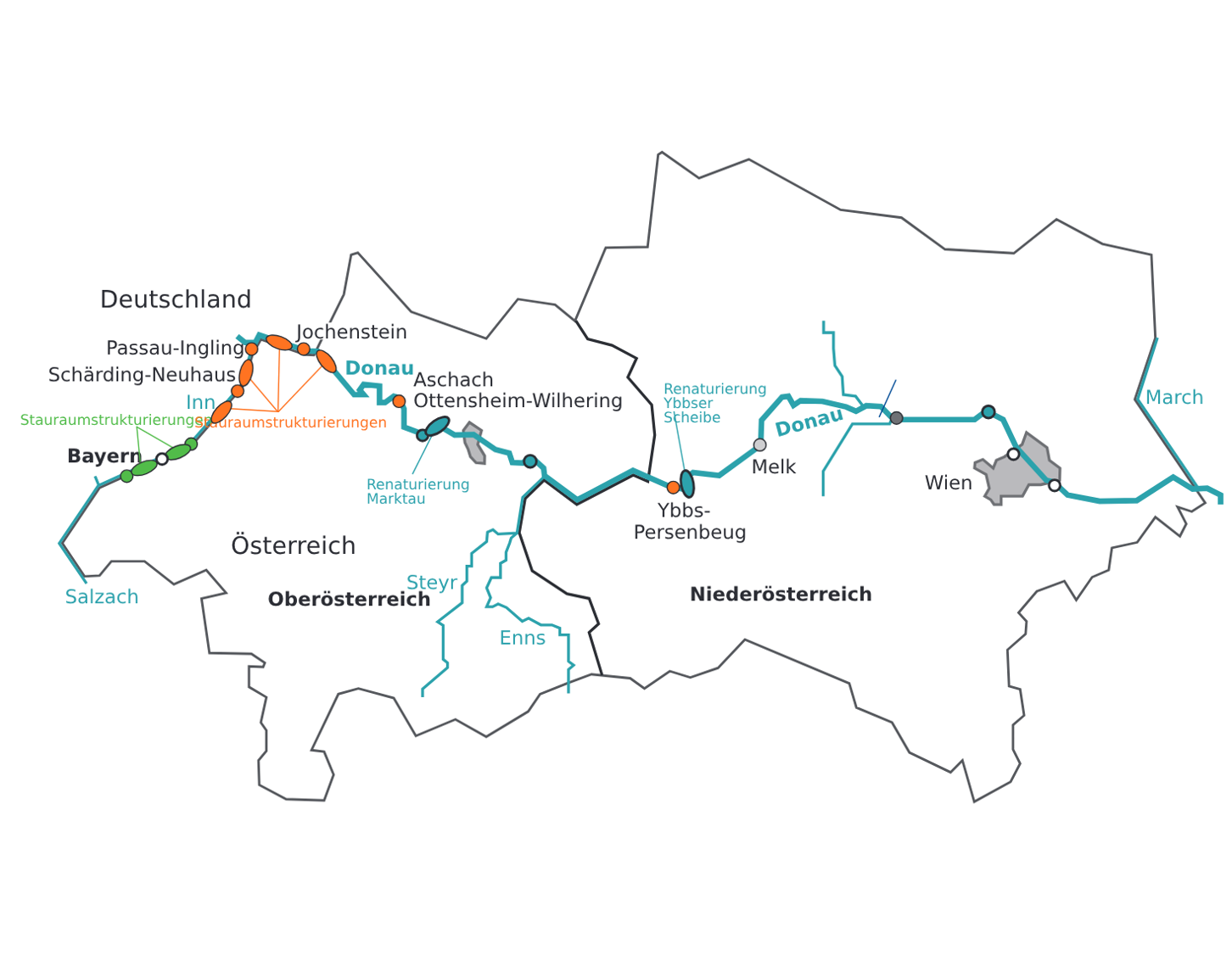 The images of a map on which the LIFE Blue Belt Danube Inn measures are marked. The Schärding-Neuhaus and Passau-Ingling power plants, where fish migration aids are planned, are shown on the Inn. For the Danube, the Jochenstein and Aschach Ottensheim-Wilhering power plants are shown first, where fish migration aids are also planned. Further downstream, the renaturalisation of the Marktau and the Ybbser Scheibe are planned. Finally, a fish migration aid is also to be built at the Ybbs-Persenbeug Danube power station.